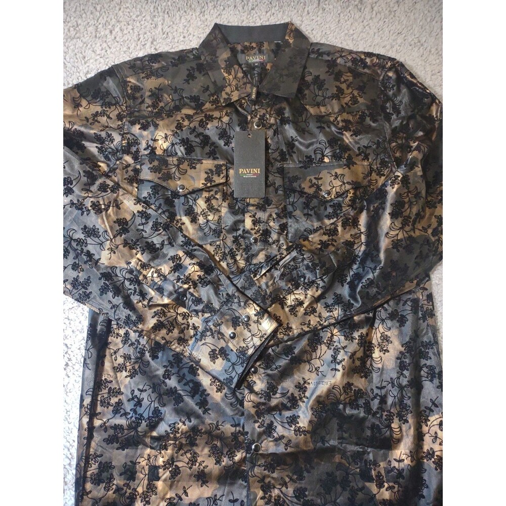 Nwt Pavini Men's Shirt M Black And Copper Floral Snapbutton Velvour Long Sleeve